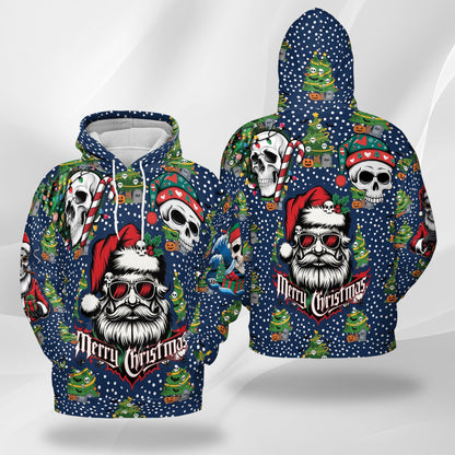 Santa Skull Christmas All Over Print Hoodie, Graphic Design Gothic Skeleton Santa