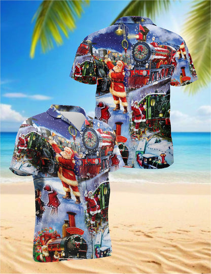 Santa Claus Christmas Train Hawaiian Shirt for Men, Button Down Aloha Shirt - Azhawaiian