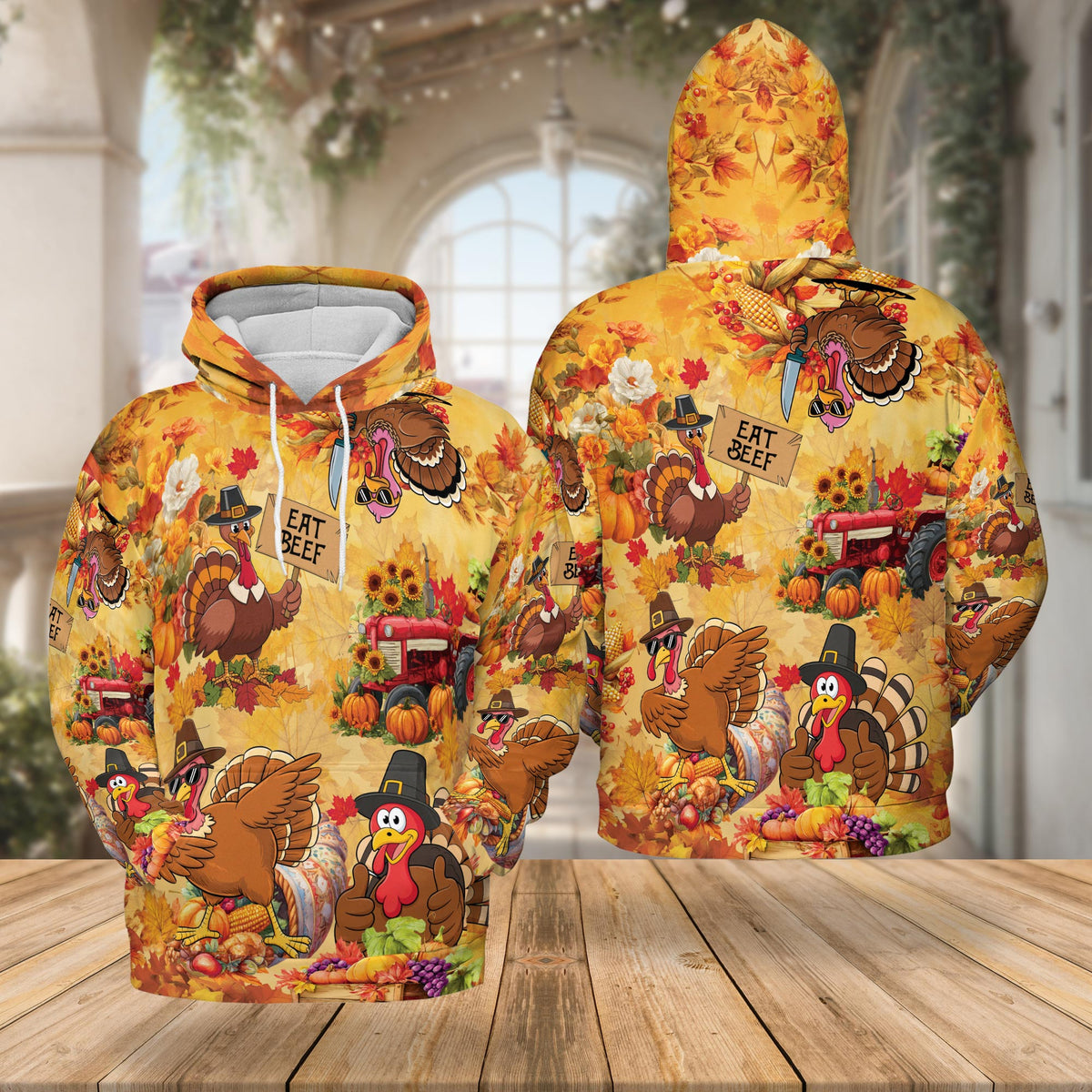 Funny Thanksgiving Turkey All Over Print Hoodie, Eat Beef Graphic Design