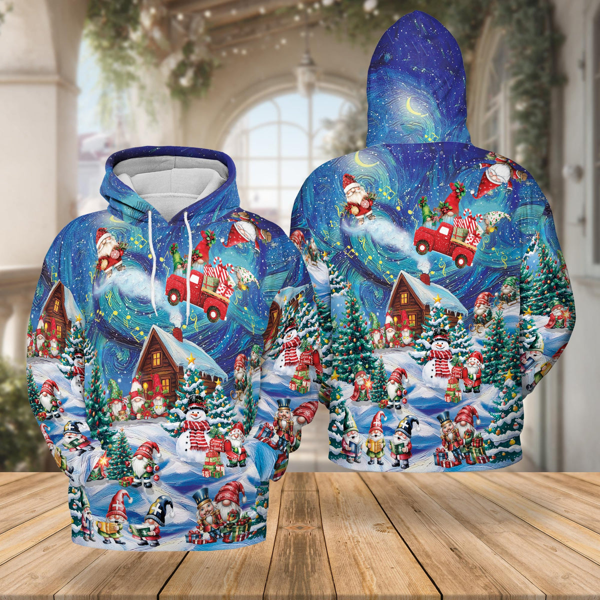 Christmas Gnome All Over Print Hoodie, Funny Santa Elf Graphic Design