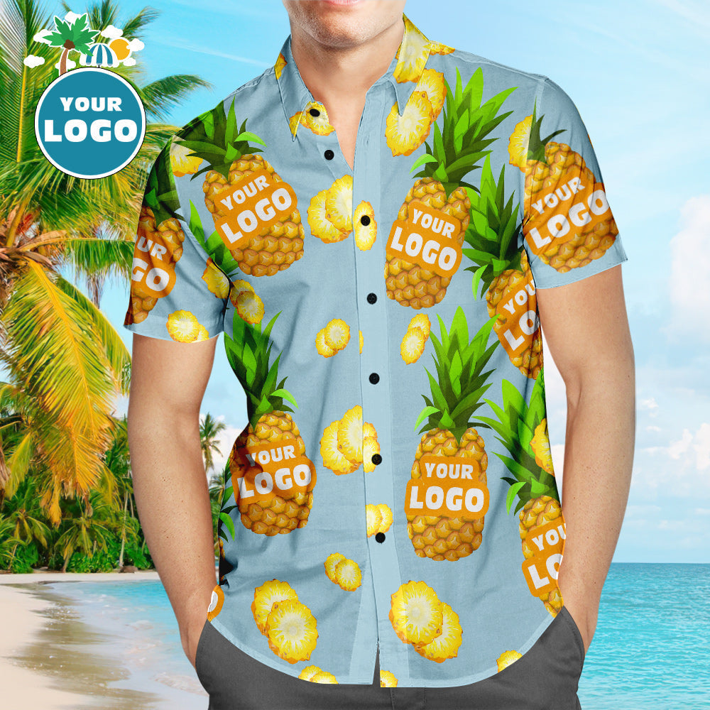 Custom Logo Hawaiian Shirts Blue Funny Pineapple Personalised Aloha Beach Shirt For Men