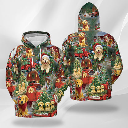 Golden Retriever Christmas All Over Print Hoodie, Festive Dog Graphic Design