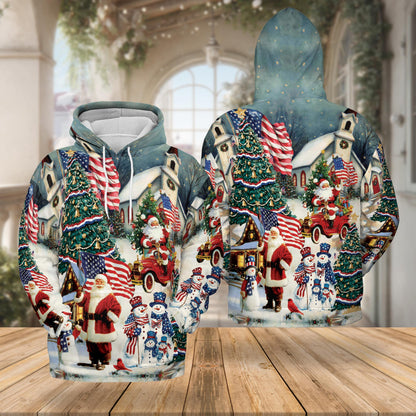 American Flag Santa Christmas All Over Print Hoodie, Patriotic Graphic Design