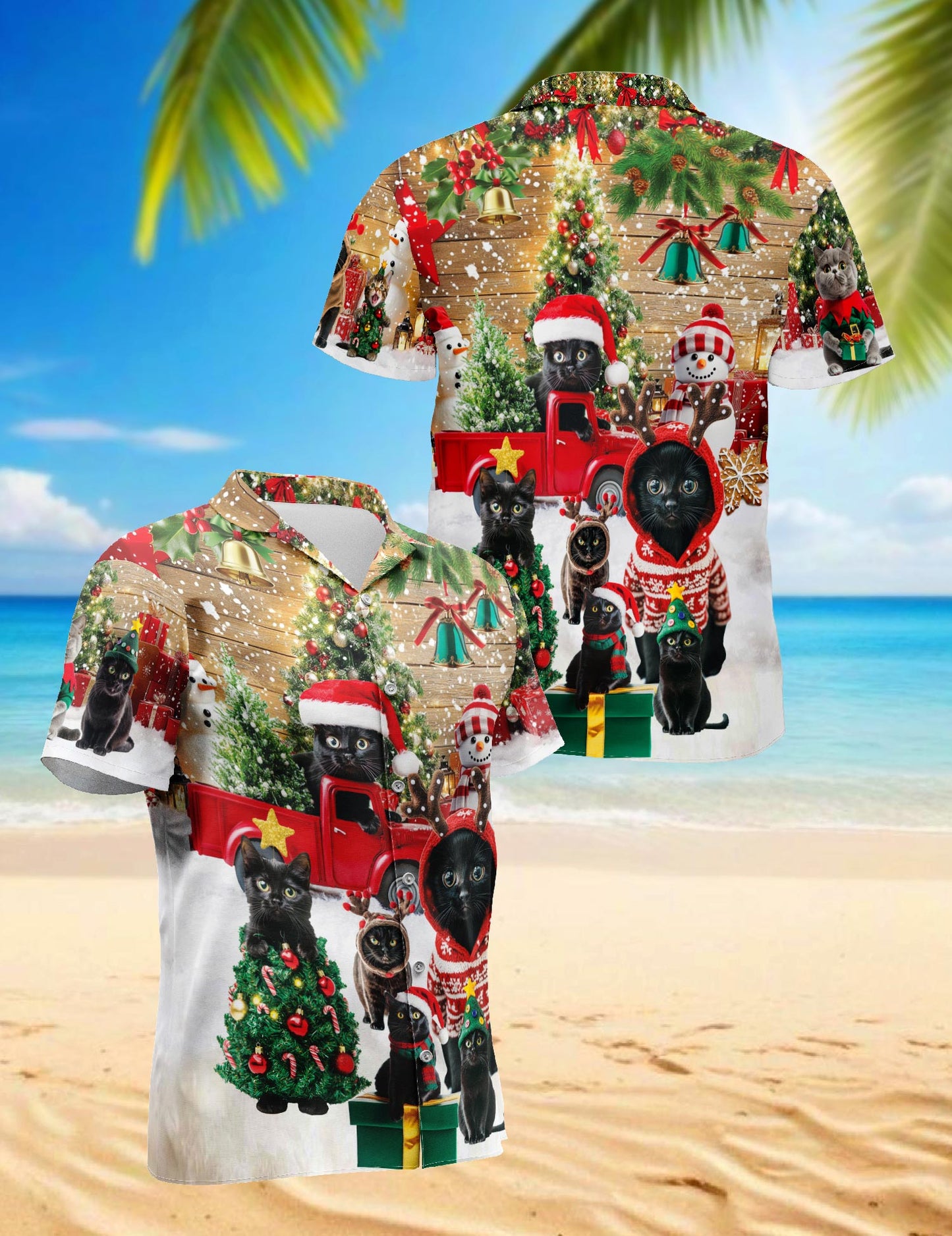 Black Cat Christmas Hawaiian Shirt for Men, Button Down Aloha Shirt - Azhawaiian