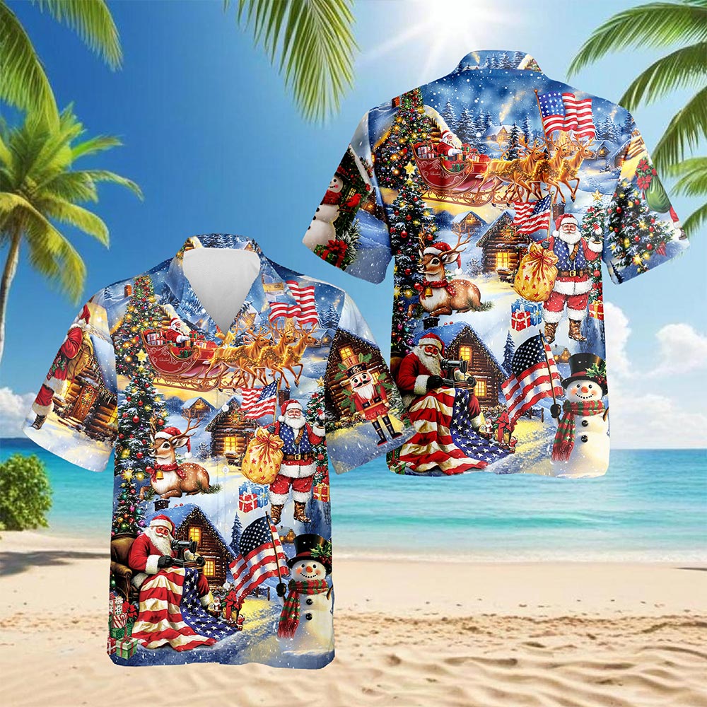 Patriotic Santa Claus Christmas Hawaiian Shirt for Men, Button Down Aloha Shirt - Azhawaiian
