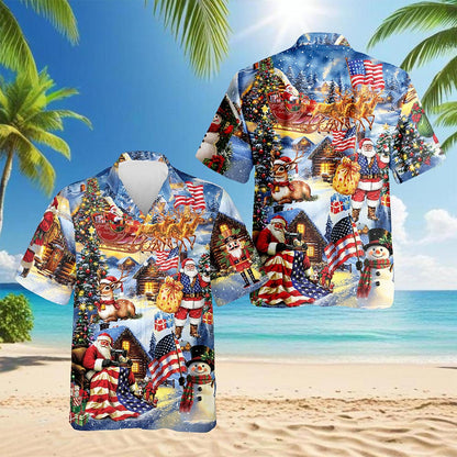 Patriotic Santa Claus Christmas Hawaiian Shirt for Men, Button Down Aloha Shirt - Azhawaiian