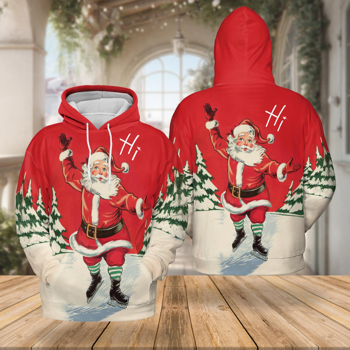 Ice Skating Santa All Over Print Hoodie, Fashion Christmas Graphic Design