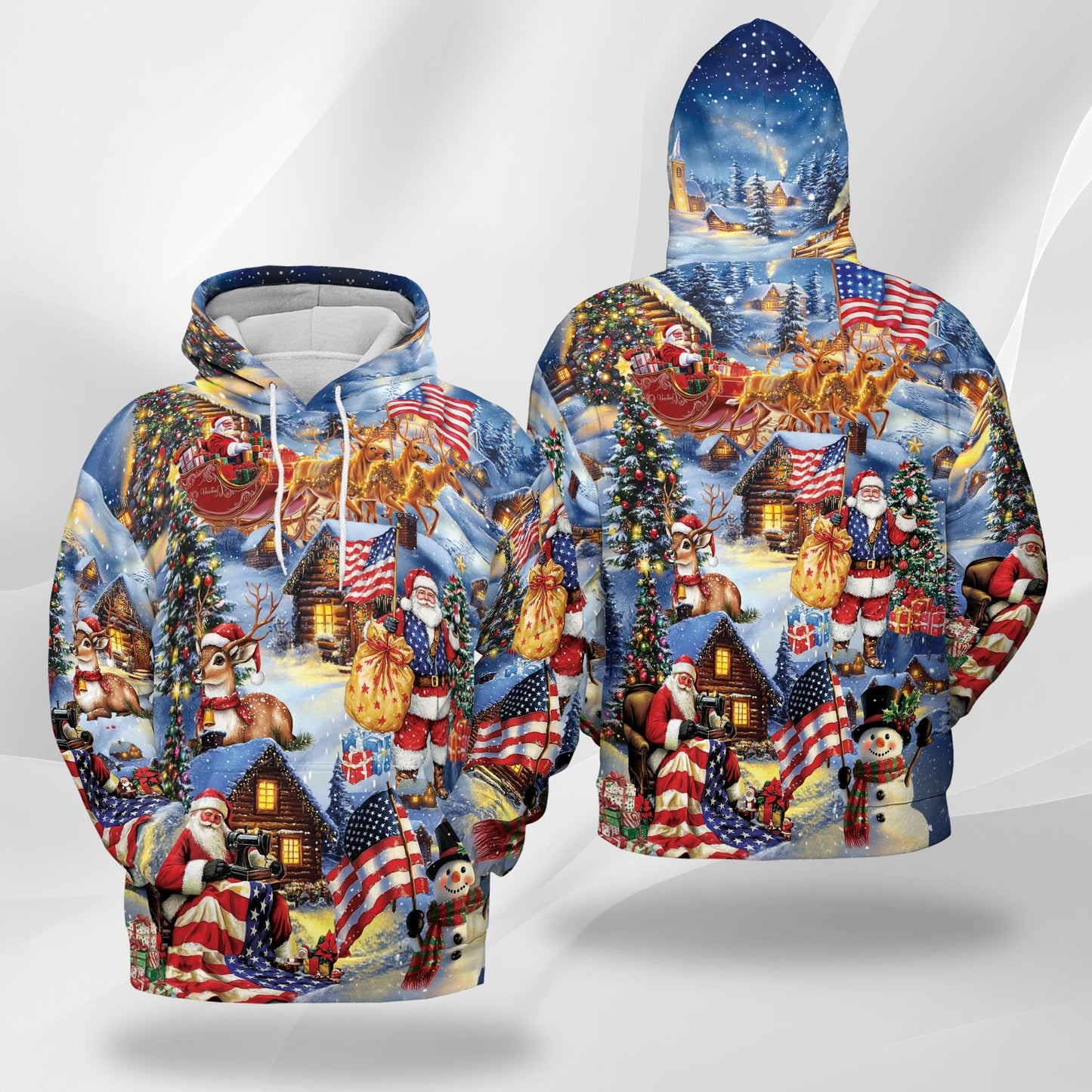 Patriotic Santa Claus All Over Print Hoodie, USA Flag Holiday Graphic Design