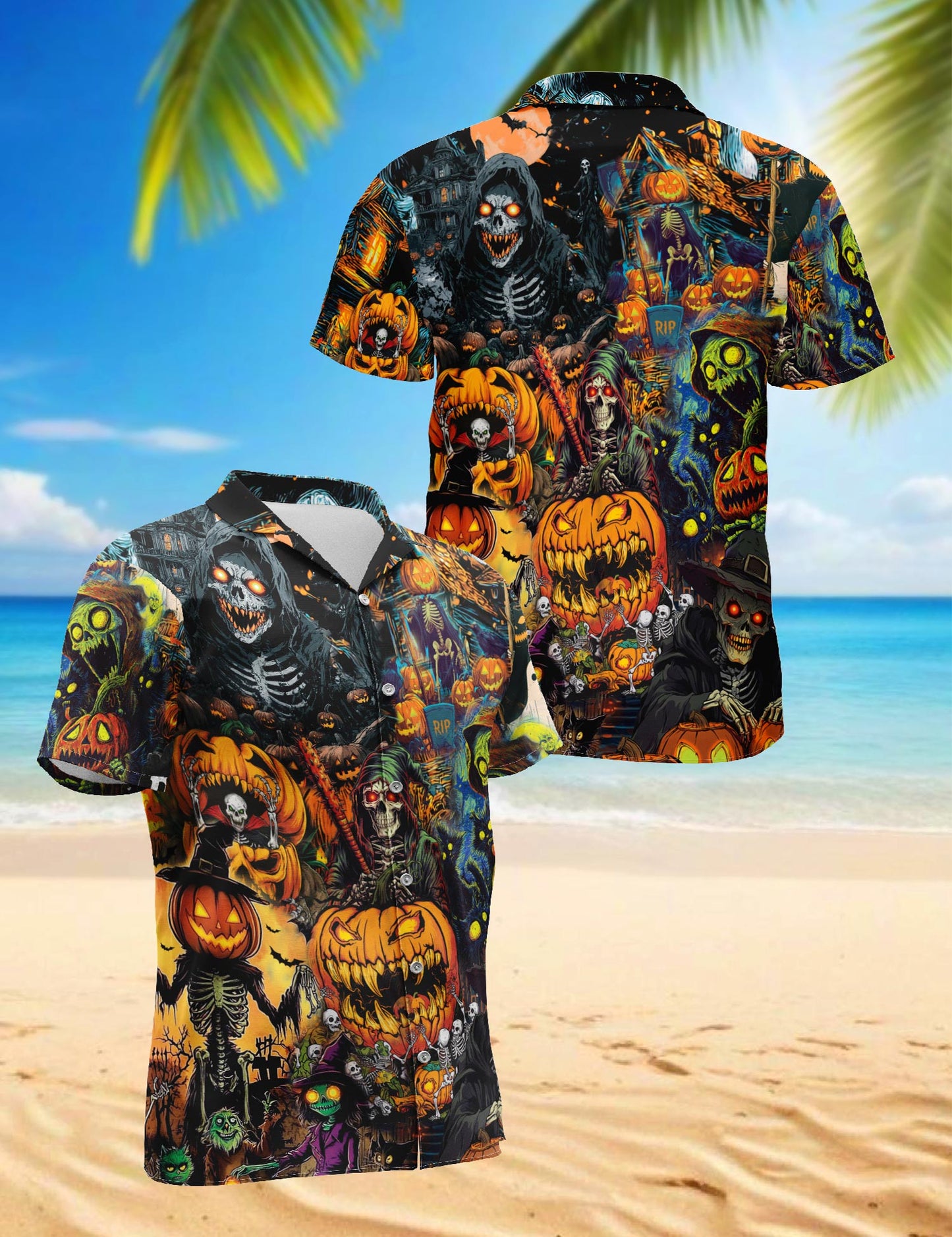 Spooky Skeleton Halloween Hawaiian Shirt for Men, Button Down Aloha Shirt - Azhawaiian