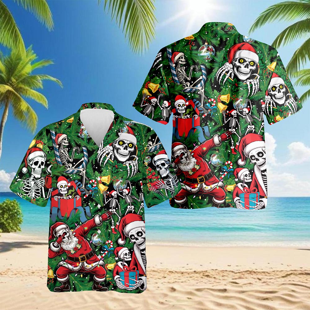 Skeleton Santa Claus Christmas Hawaiian Shirt for Men, Button Down Aloha Shirt - Azhawaiian