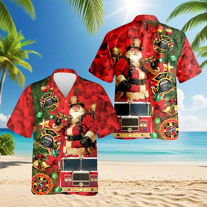 Firefighter Santa Claus Christmas Hawaiian Shirt for Men, Button Down Aloha Shirt - Azhawaiian
