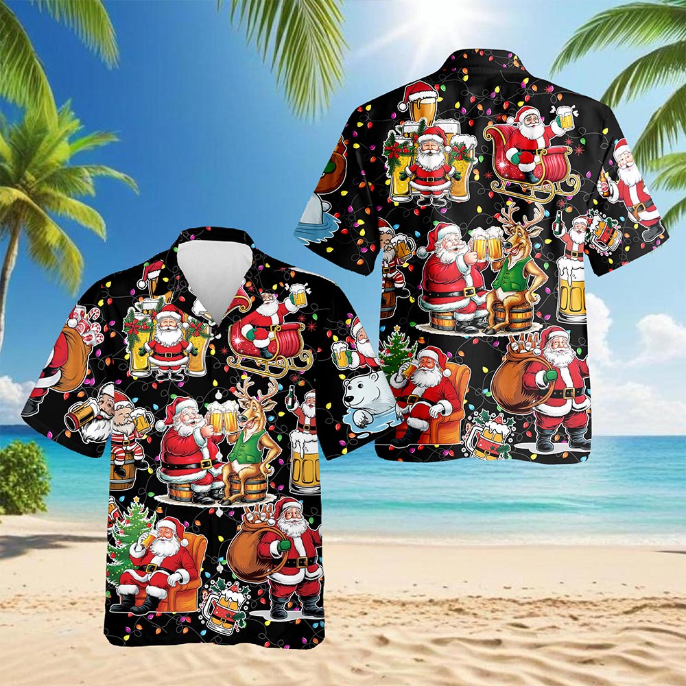 Santa Beer Lover Hawaiian Shirt for Men, Button Down Aloha Shirt - Azhawaiian