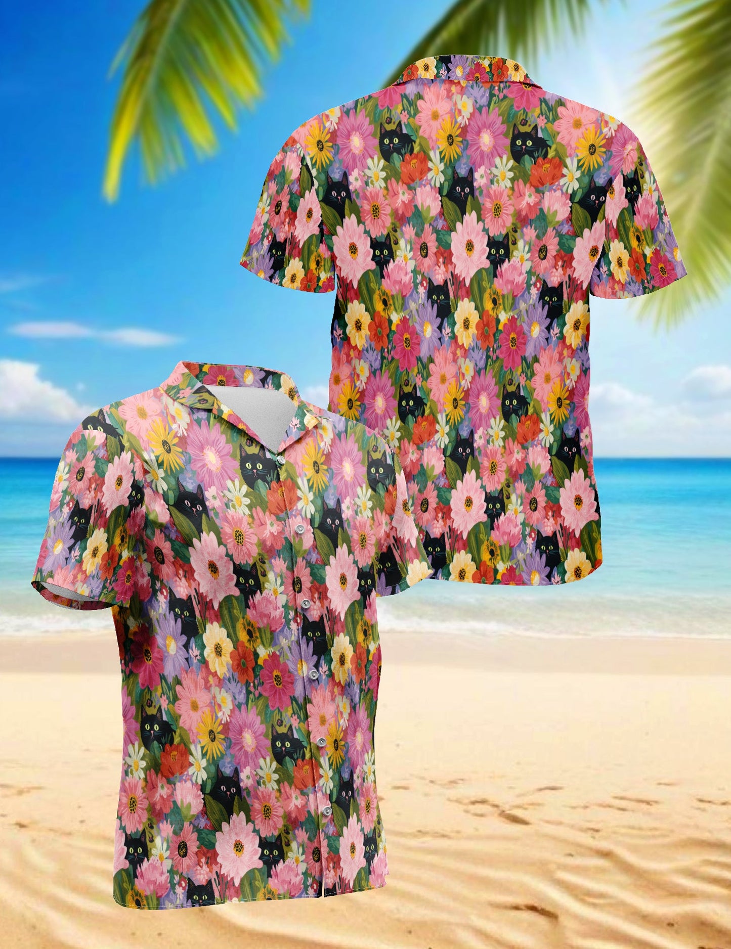 Black Cat Floral Hawaiian Shirt for Men, Button Down Aloha Shirt - Azhawaiian