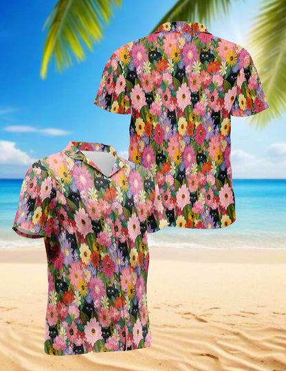 Black Cat Floral Hawaiian Shirt for Men, Button Down Aloha Shirt - Azhawaiian