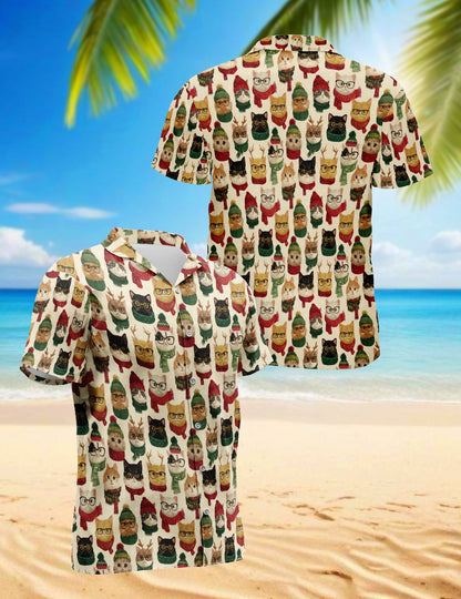 Christmas Cat Pattern Hawaiian Shirt for Men, Button Down Aloha Shirt - Azhawaiian