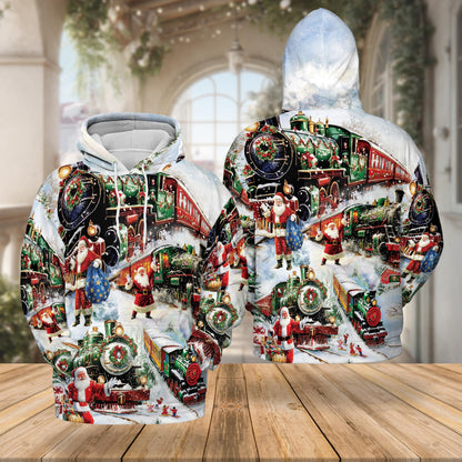 Christmas Train All Over Print Hoodie, Vintage Santa Claus Graphic Design