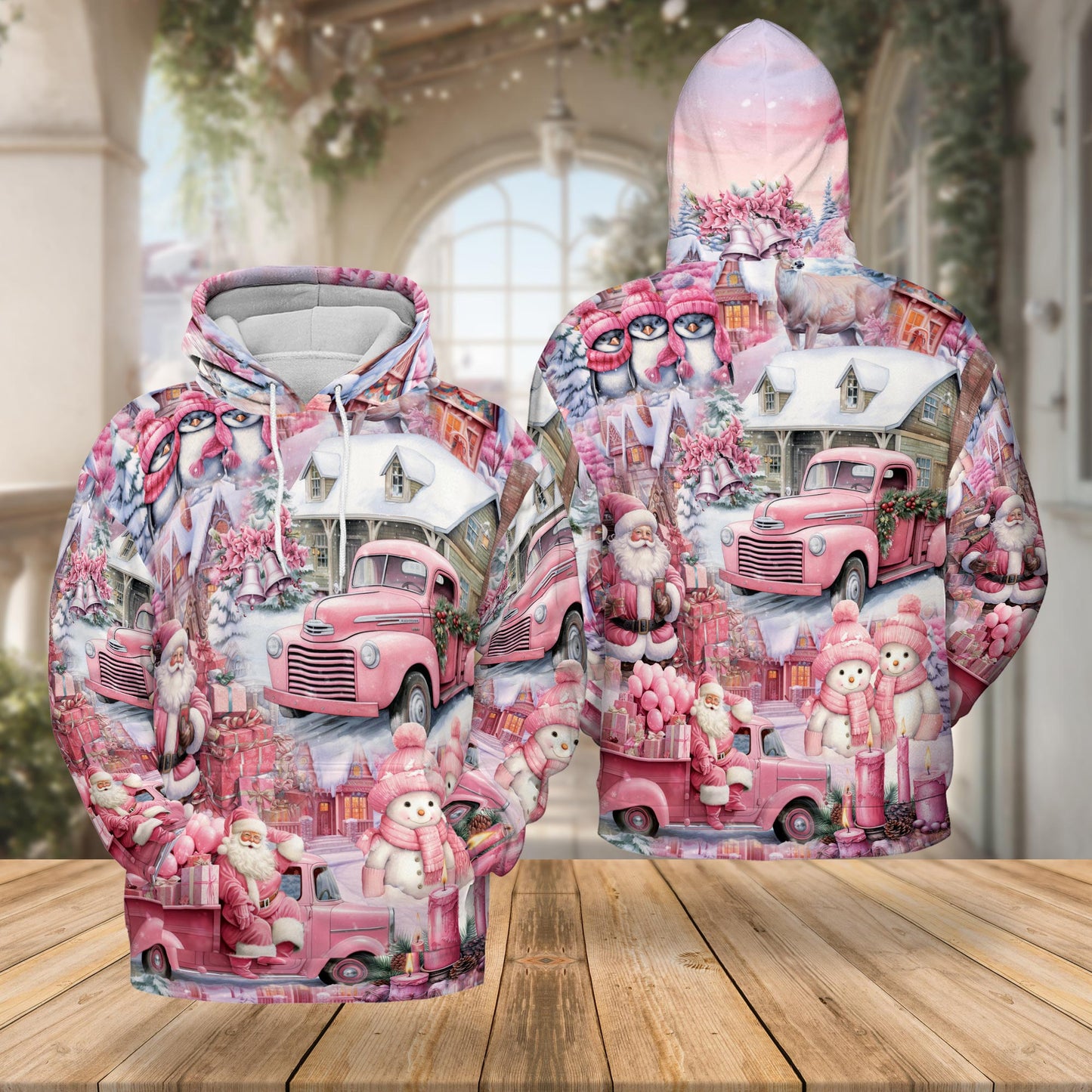 Pink Christmas Santa Claus All Over Print Hoodie, Village Graphic Design