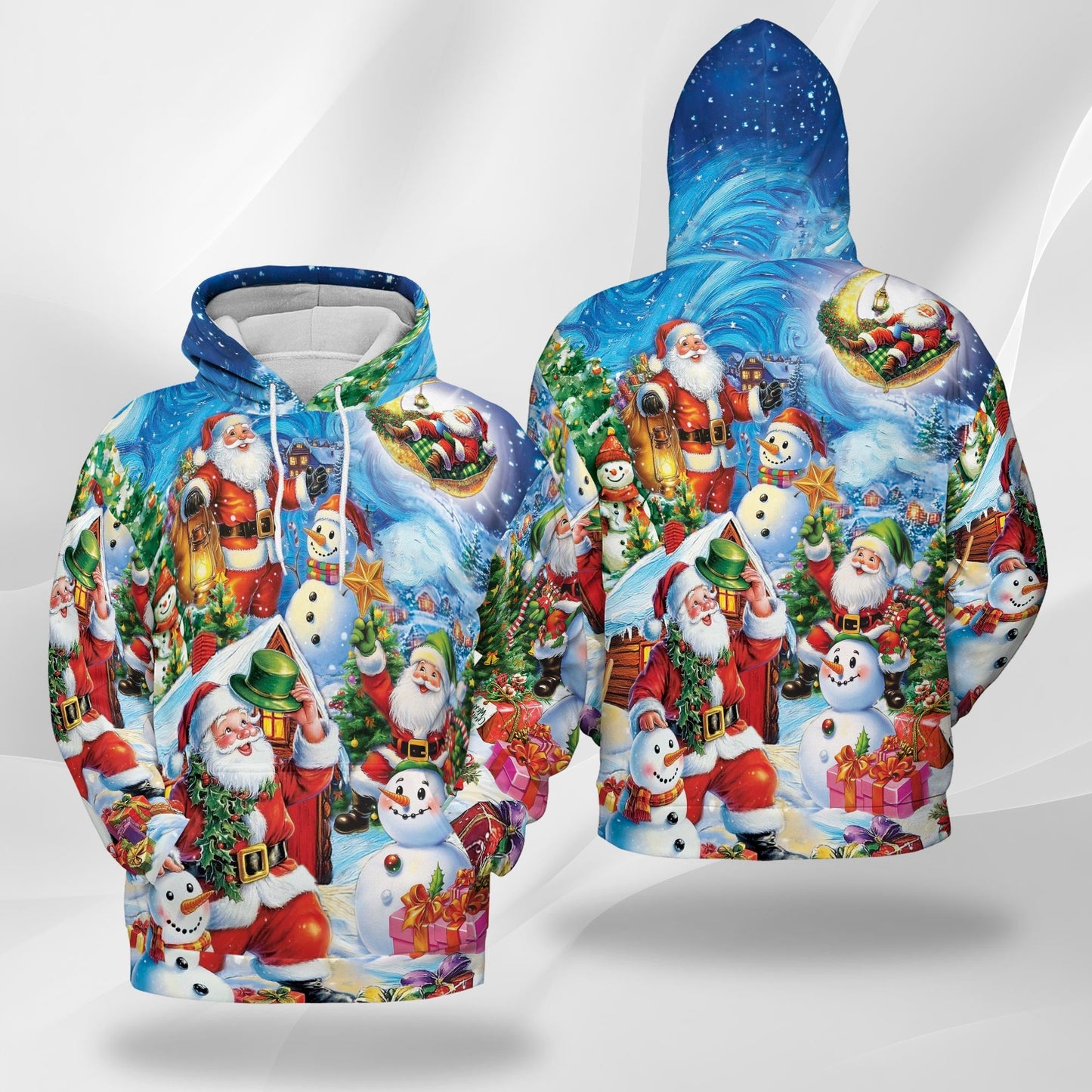 Santa Claus and Snowman All Over Print Hoodie, Graphic Design Festive Christmas
