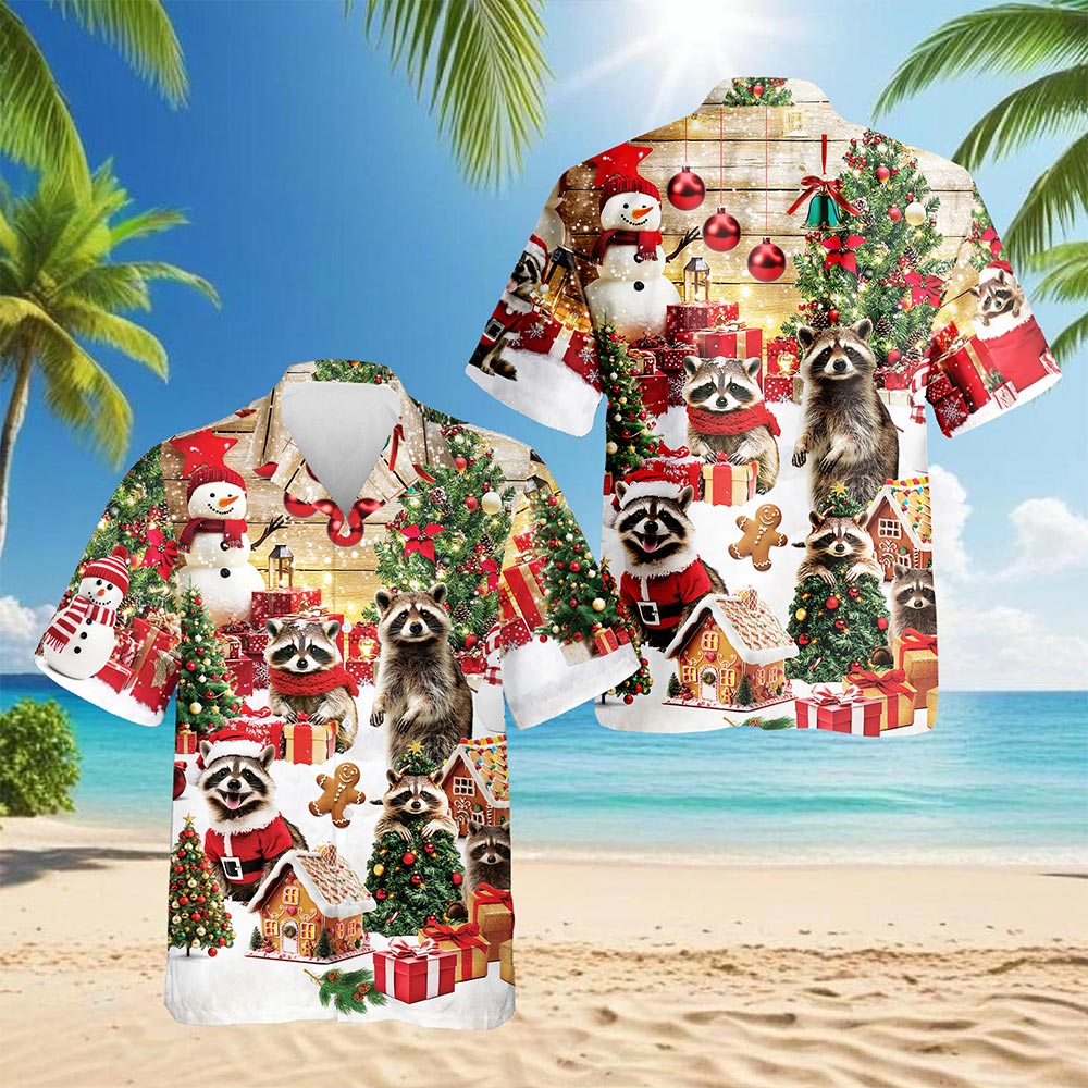 Christmas Raccoon Hawaiian Shirt for Men, Button Down Aloha Shirt - Azhawaiian