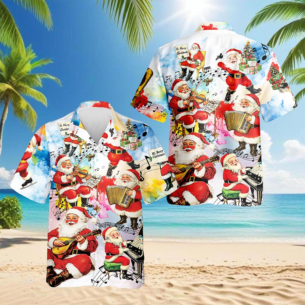 Musical Santa Claus Christmas Hawaiian Shirt for Men, Button Down Aloha Shirt - Azhawaiian