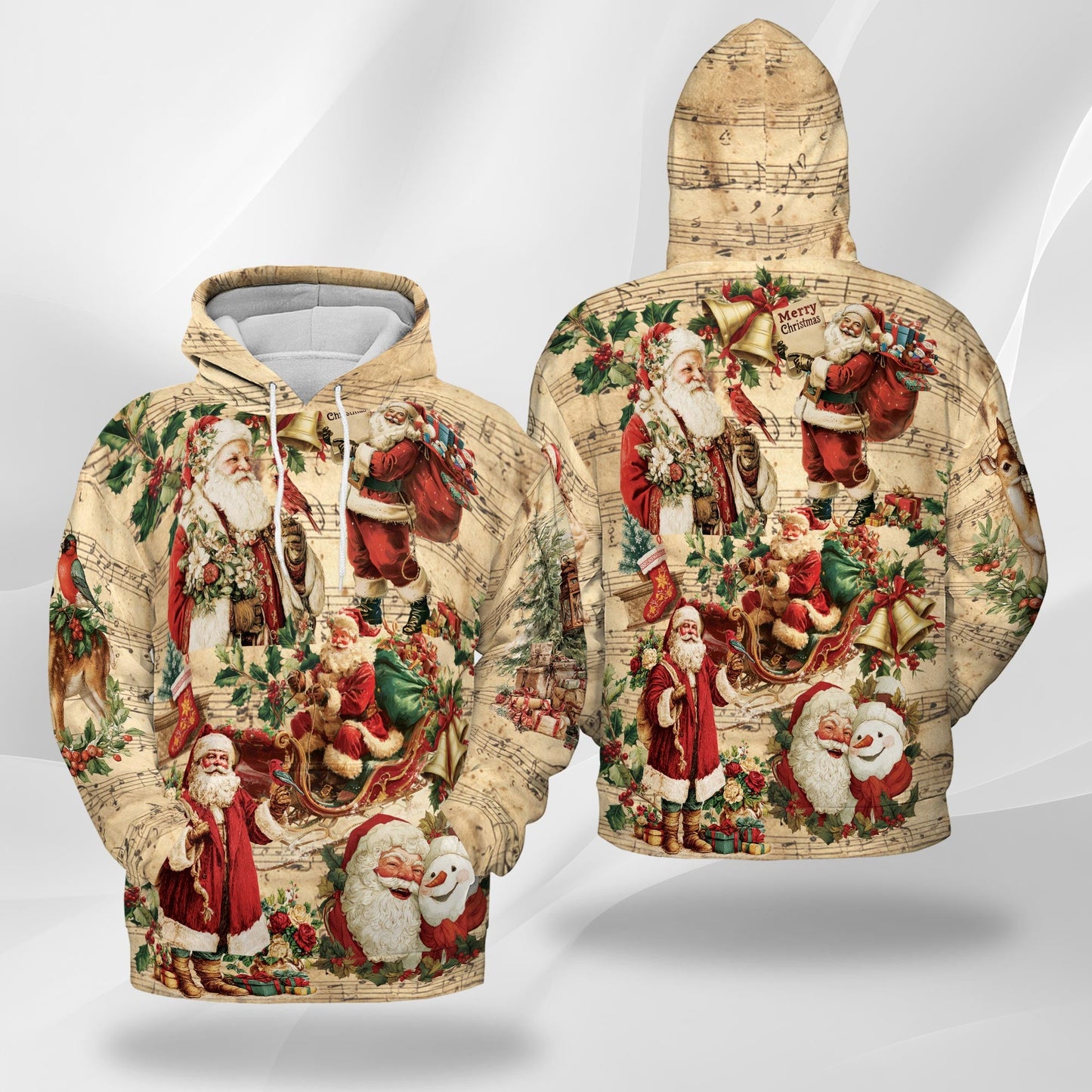 Vintage Santa Claus Christmas All Over Print Hoodie, Musical Graphic Design