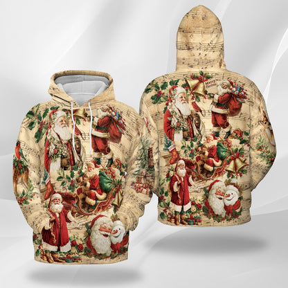 Vintage Santa Claus Christmas All Over Print Hoodie, Musical Graphic Design