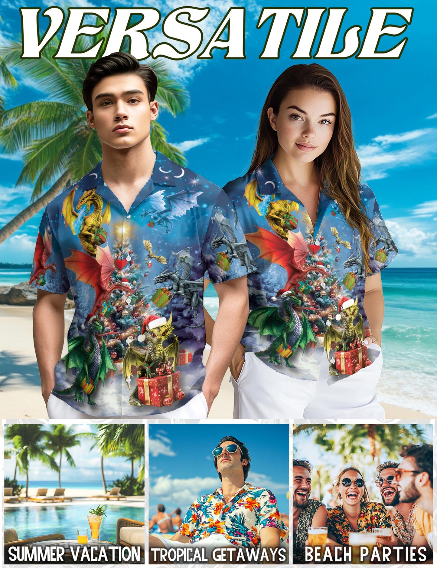 Christmas Dragons Hawaiian Shirt for Men, Button Down Aloha Shirt - Azhawaiian