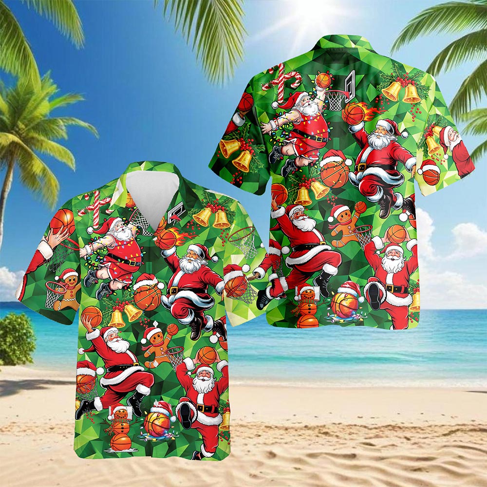 Santa Claus Basketball Christmas Hawaiian Shirt for Men, Button Down Aloha Shirt - Azhawaiian