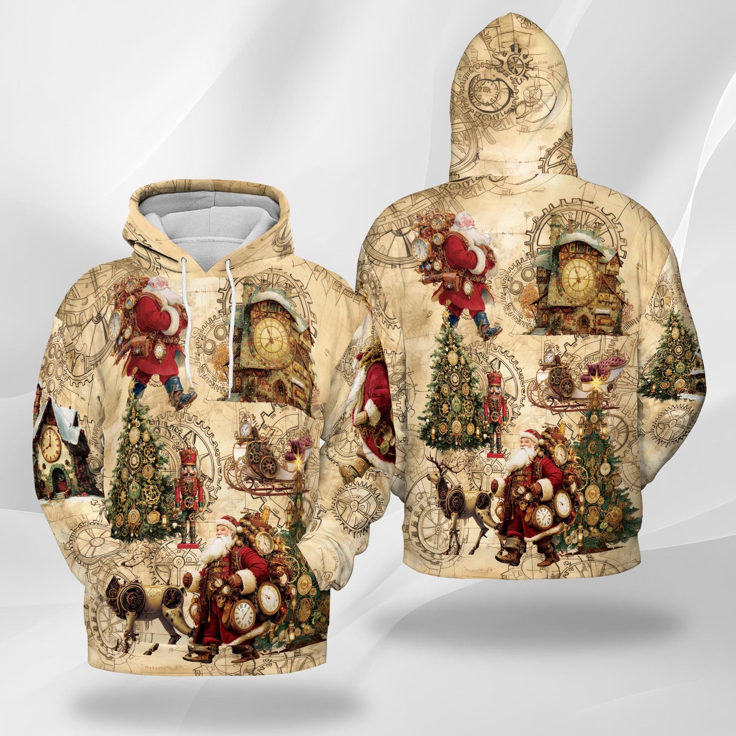 Steampunk Christmas All Over Print Hoodie, Santa Claus Graphic Design