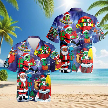 Alien Santa Claus Christmas Hawaiian Shirt for Men, Button Down Aloha Shirt - Azhawaiian