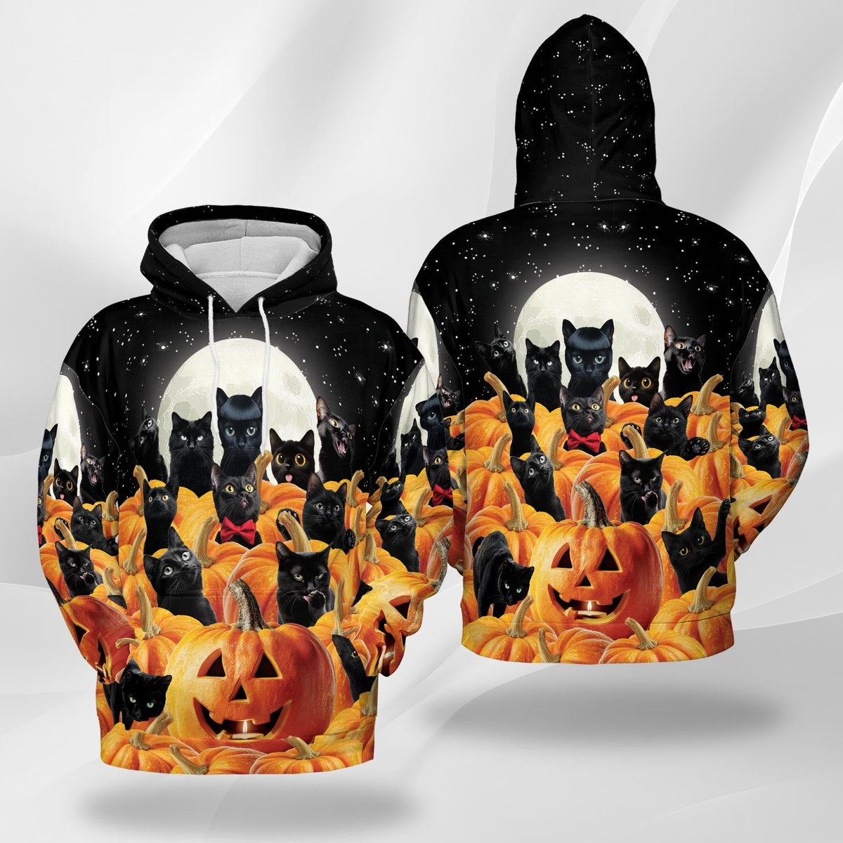 Cute Black Cat Pumpkin Halloween All Over Print Hoodie, Graphic Design Animal