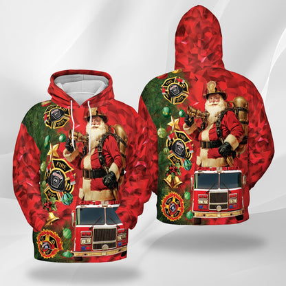 Firefighter Santa Claus Christmas All Over Print Hoodie, Fire Truck Graphic Design