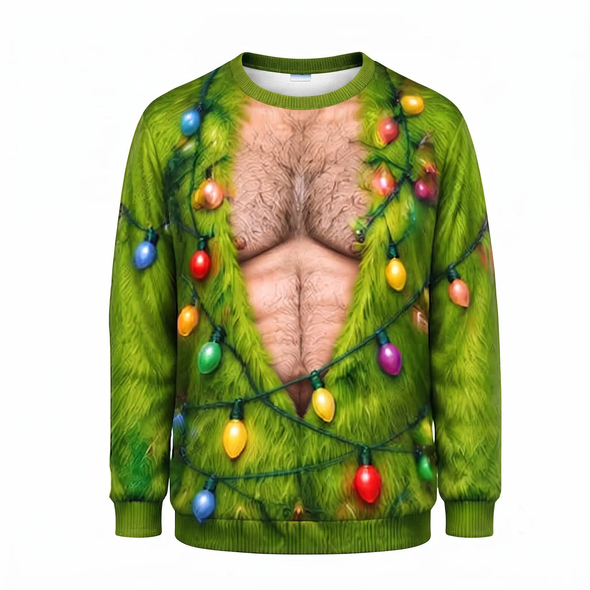 Hairy Chest Christmas Lights Sweatshirt – Funny Green Holiday Graphic 3D All Over Print Design