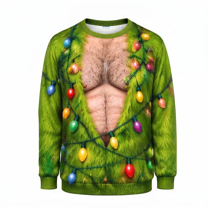 Hairy Chest Christmas Lights Sweatshirt – Funny Green Holiday Graphic 3D All Over Print Design