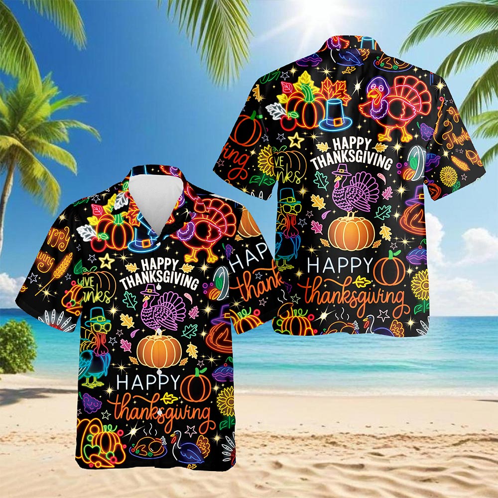 Neon Thanksgiving Hawaiian Shirt for Men, Button Down Aloha Shirt - Azhawaiian