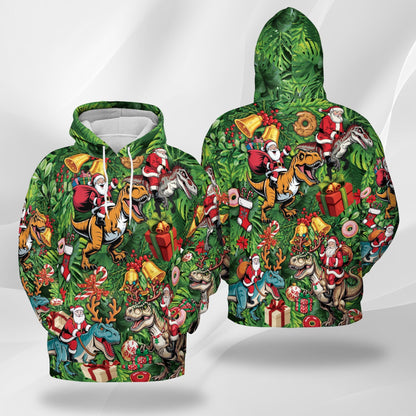 Santa Claus Riding Dinosaur All Over Print Hoodie, Funny T-Rex Graphic Design