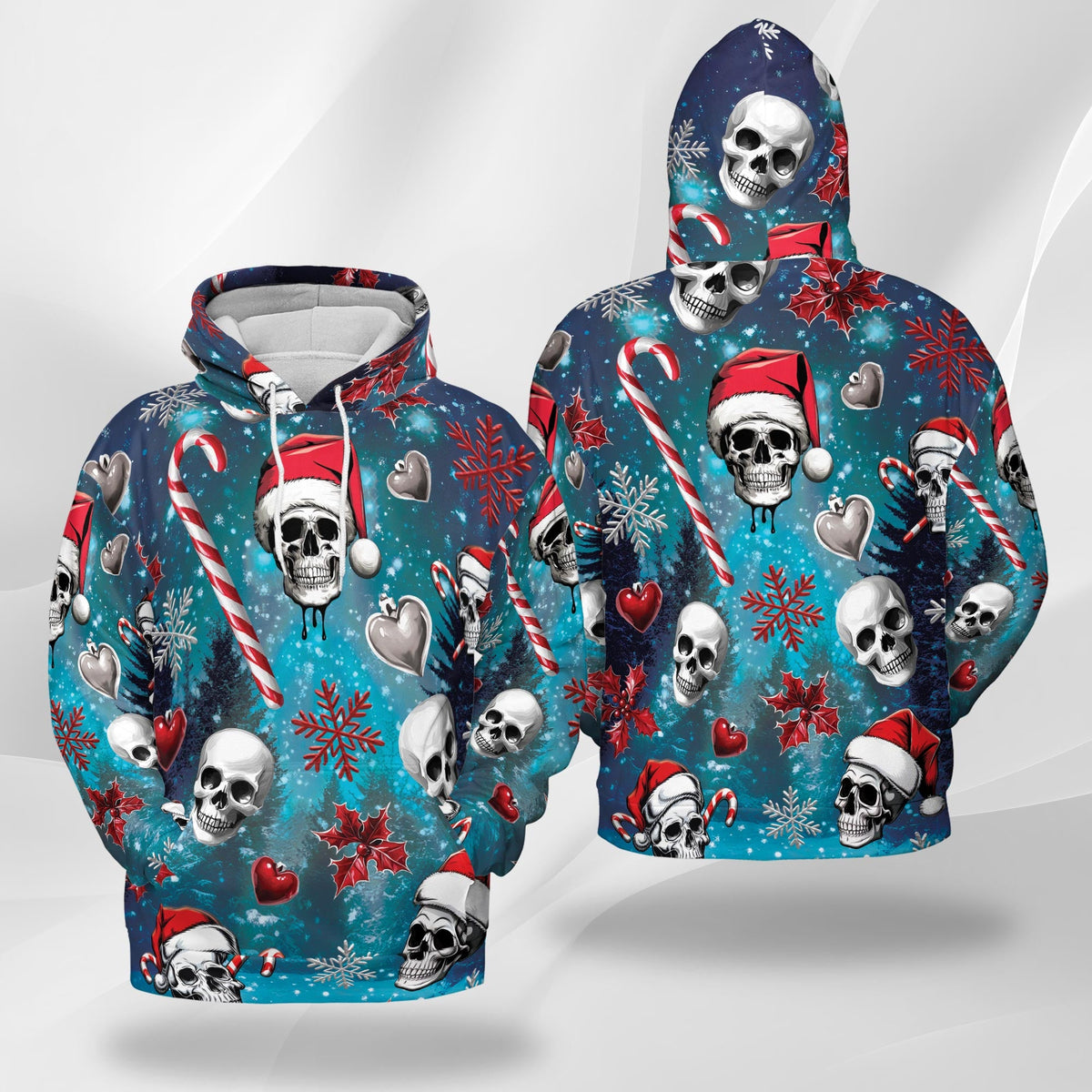 Skull Santa Christmas All Over Print Hoodie, Gothic Graphic Design