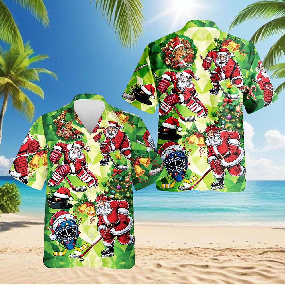 Santa Claus Ice Hockey Christmas Hawaiian Shirt for Men, Button Down Aloha Shirt - Azhawaiian