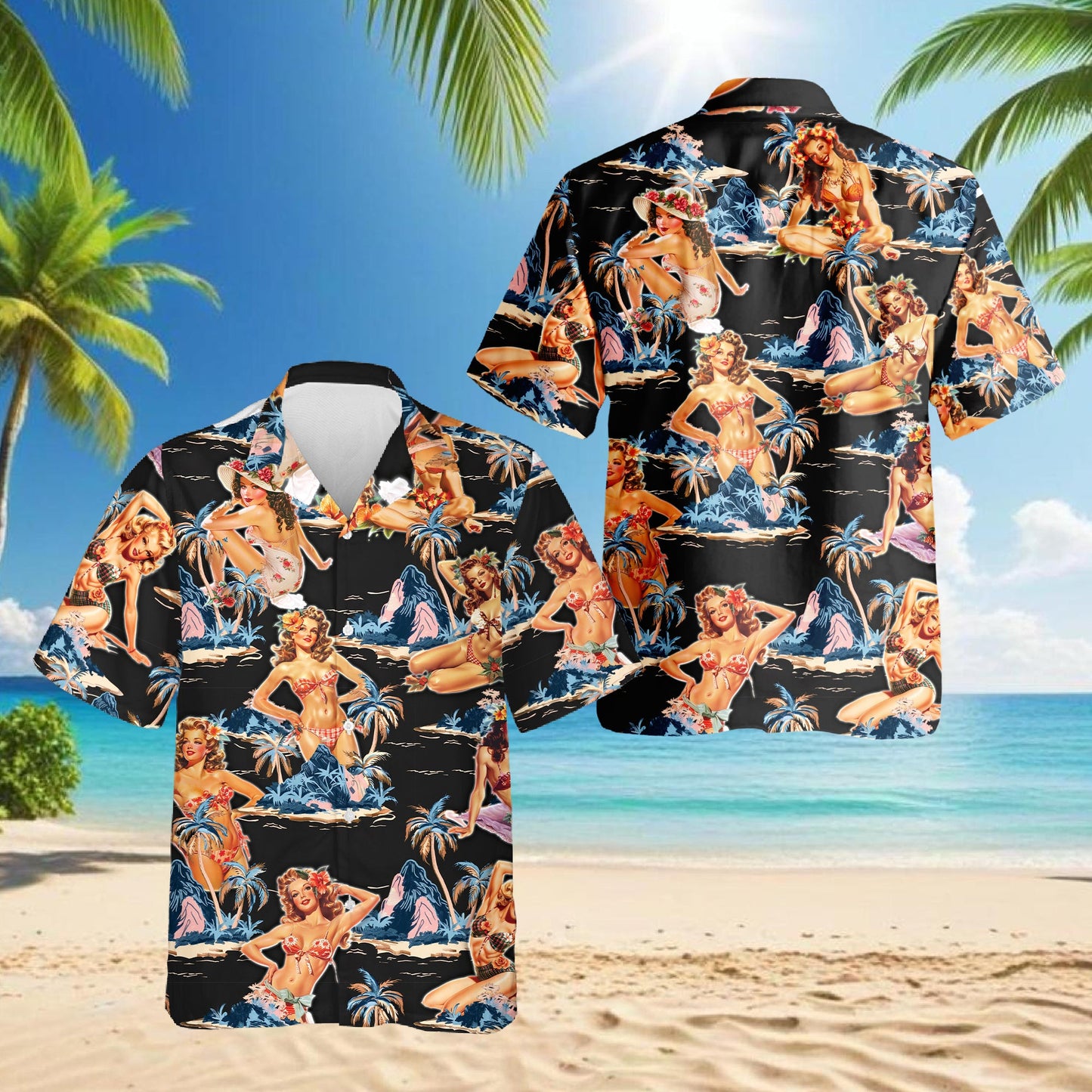 Tropical Pinup Girl Black Hawaiian Shirt for Men, Button Down Aloha Shirt - Azhawaiian