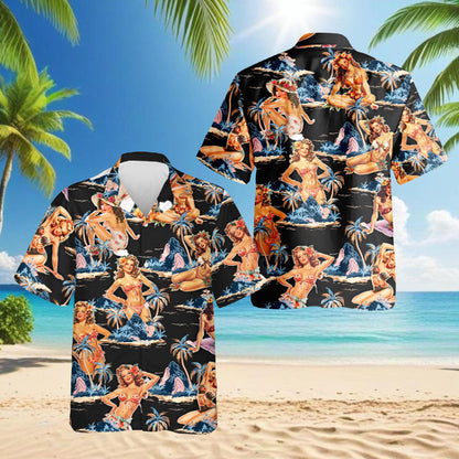 Tropical Pinup Girl Black Hawaiian Shirt for Men, Button Down Aloha Shirt - Azhawaiian