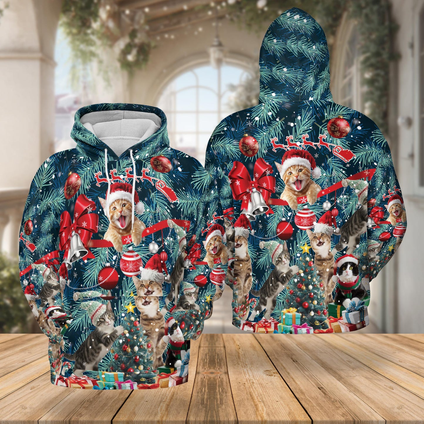 Christmas Cat All Over Print Hoodie, Funny Kitten Santa Graphic Design