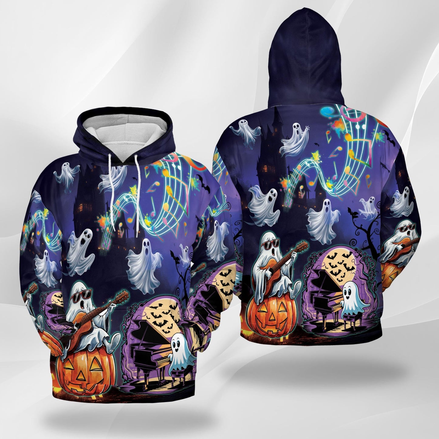 Music Night Halloween All Over Print Hoodie, Graphic Design Pumpkin Ghost
