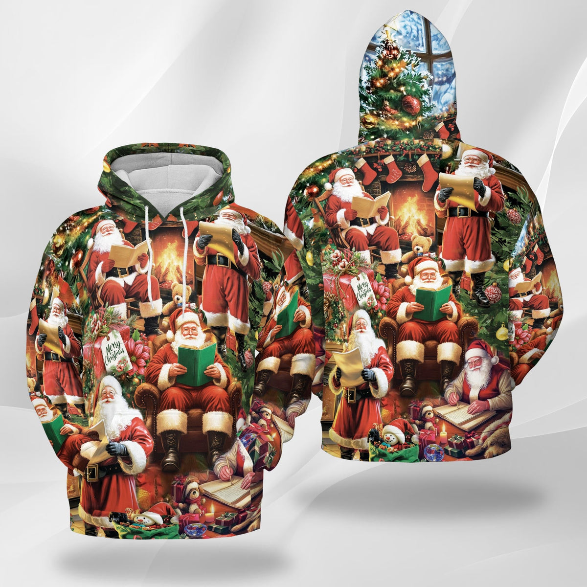 Santa Claus Reading Book Christmas All Over Print Hoodie, Graphic Design
