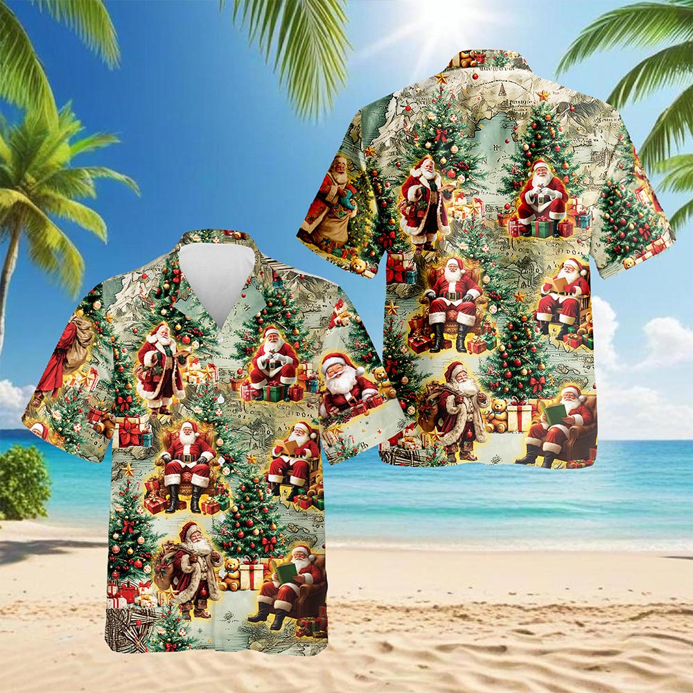 Vintage Santa Claus Christmas Hawaiian Shirt for Men, Button Down Aloha Shirt - Azhawaiian