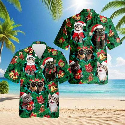 Christmas Cats Hawaiian Shirt for Men, Button Down Aloha Shirt - Azhawaiian