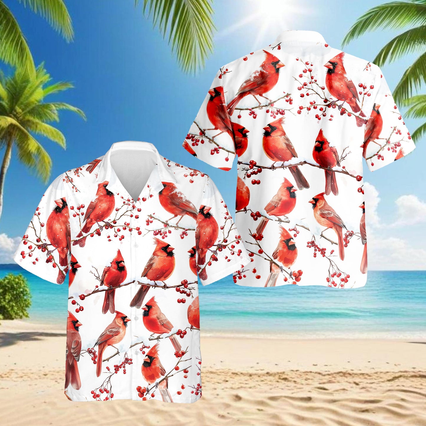 Snow Cardinal Hawaiian Shirt for Men, Button Down Aloha Shirt - Azhawaiian