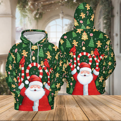 Santa Claus Joy Christmas All Over Print Hoodie, Gingerbread Graphic Design