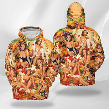 Fall Pin Up Girl All Over Print Hoodie, Vintage Autumn Babe Graphic Design