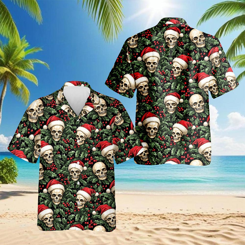 Skull Santa Hat Christmas Hawaiian Shirt for Men, Button Down Aloha Shirt - Azhawaiian