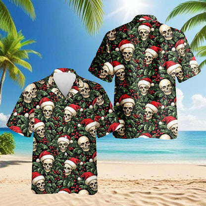 Skull Santa Hat Christmas Hawaiian Shirt for Men, Button Down Aloha Shirt - Azhawaiian